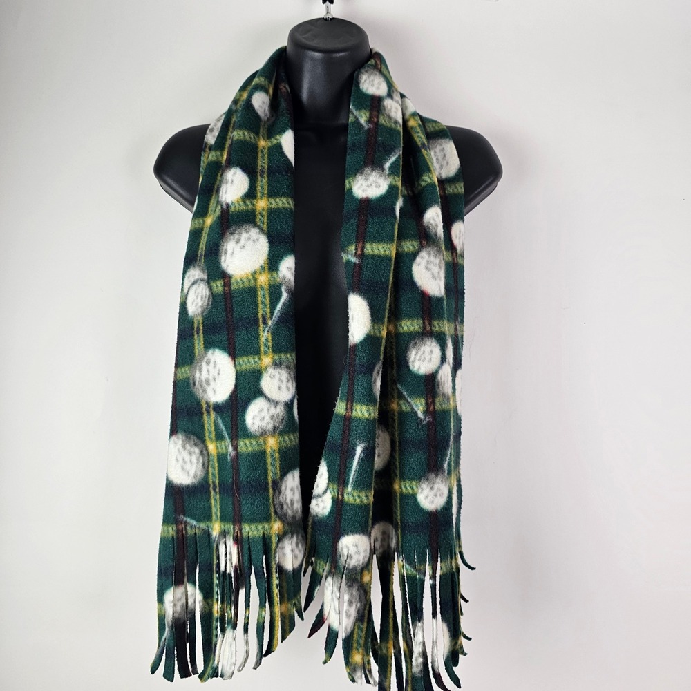 Green Plaid Golf Ball Tee Print Fleece Fringe Scarf Sports Theme Accessory